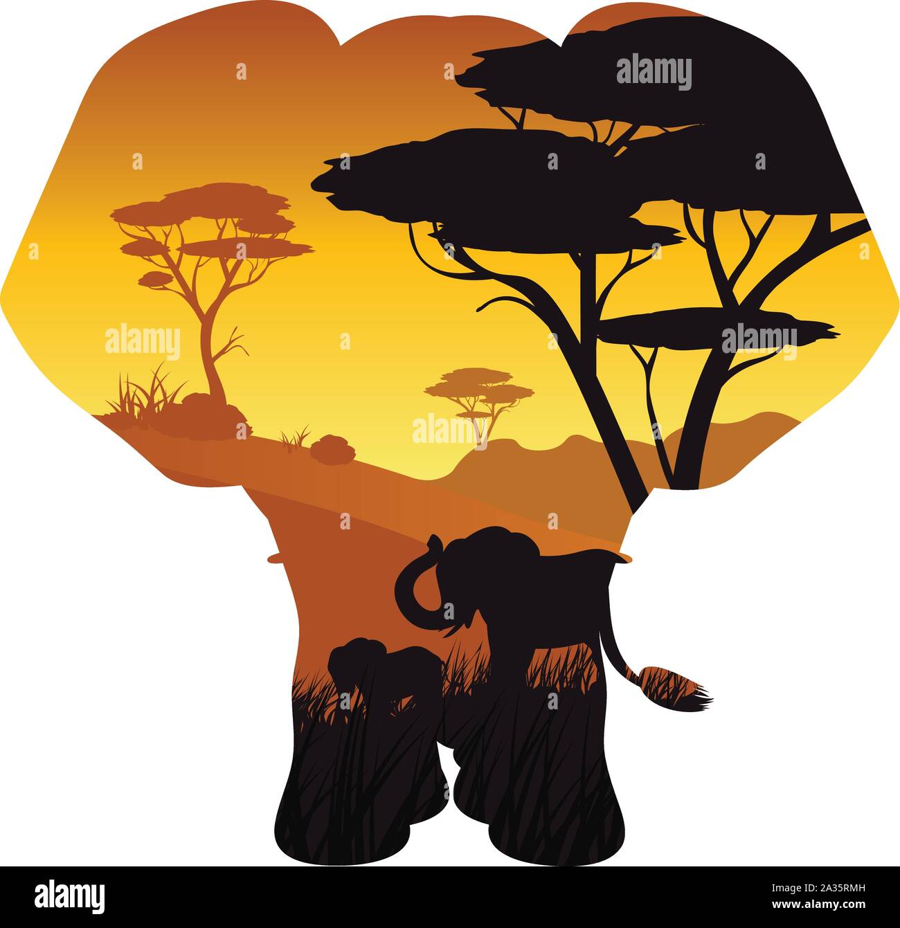 Colorful sunset scene, african landscape with silhouette of trees and ...