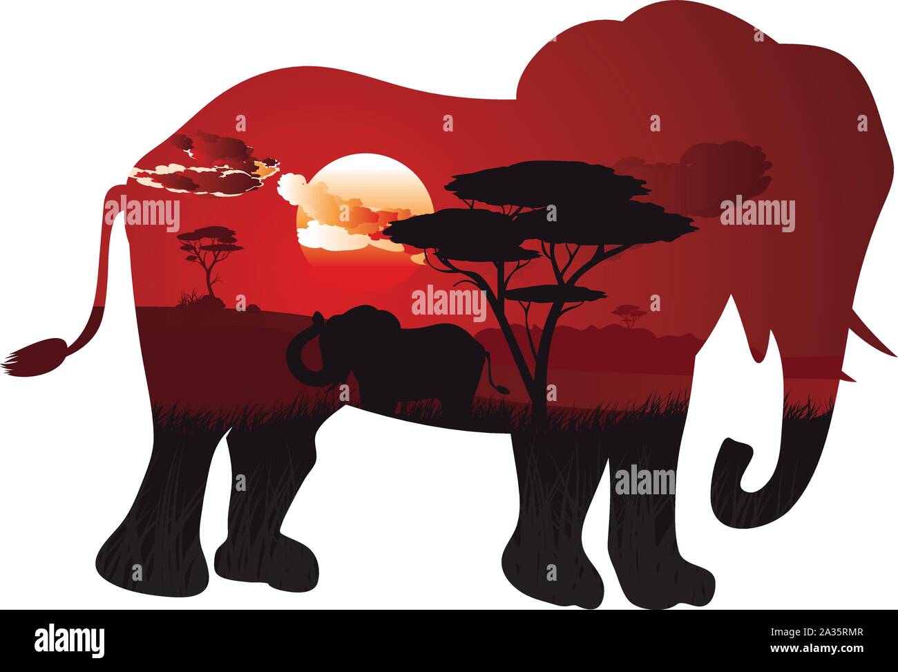 Colorful sunset scene, african landscape with silhouette of trees and ...