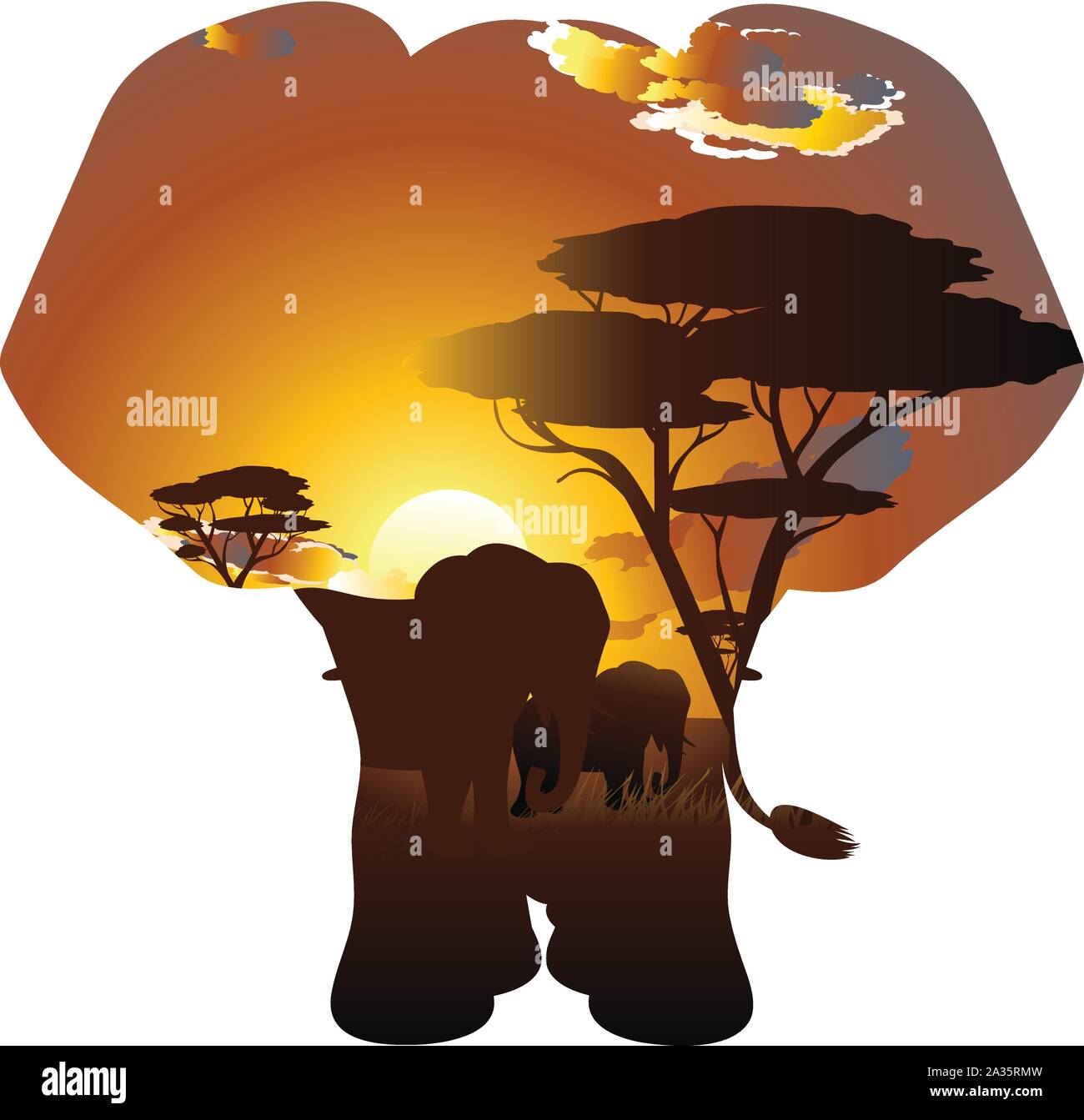 Colorful sunset scene, african landscape with silhouette of trees and ...