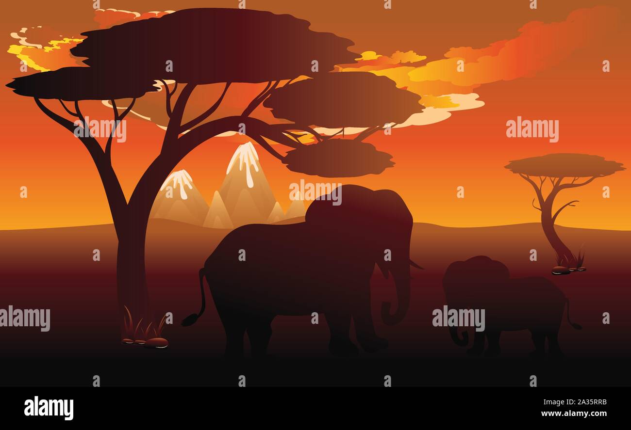 Colorful sunset scene, african landscape with silhouette of trees and ...