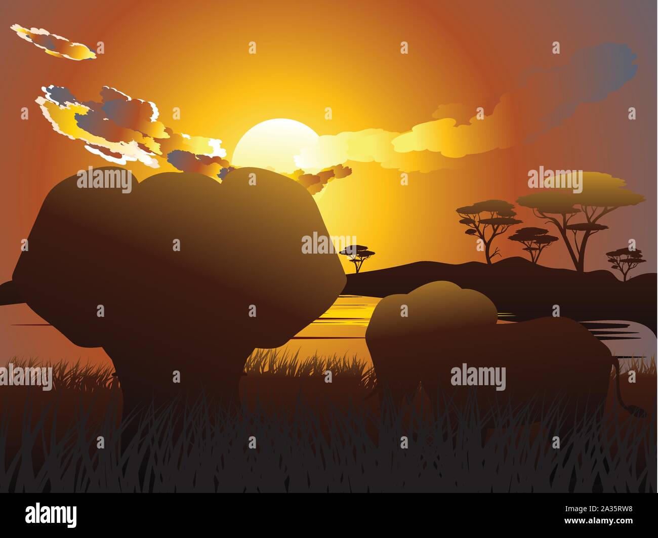 Colorful sunset scene, african landscape with silhouette of trees and ...