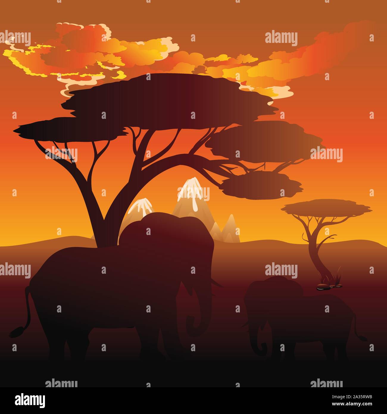 Colorful sunset scene, african landscape with silhouette of trees and ...