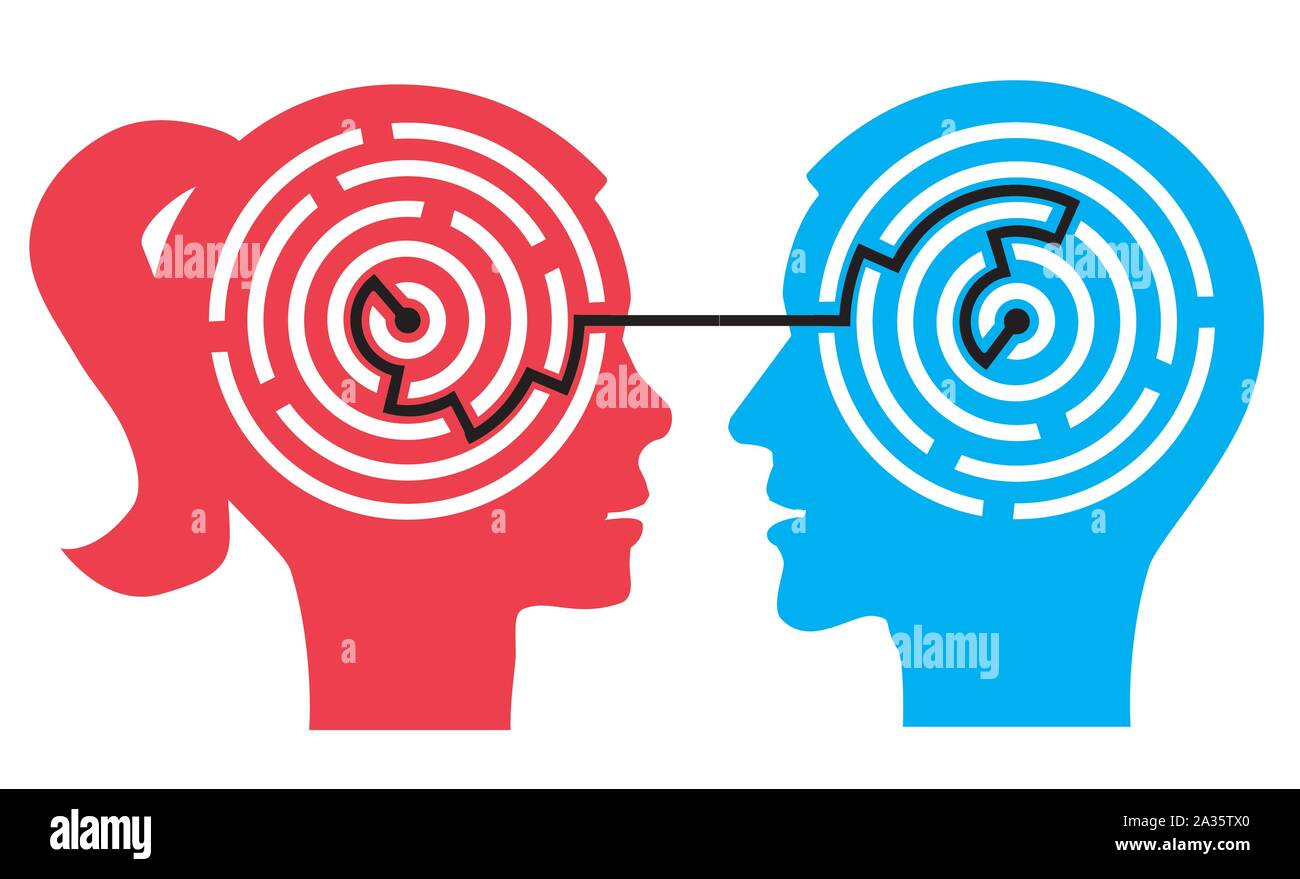 Couple labyrinth in the heads. Psychology of relationship concept. Vector available. + Stock Vector