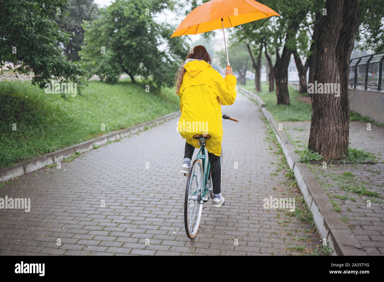 Bicycle ride in the rain. Woman in raincoat riding bicycle and holding umbrella Stock Photo Alamy