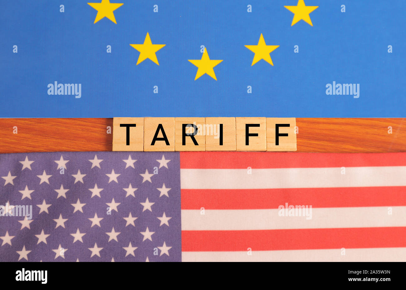 Concept of Bilateral relations and united states of america or USA tariff on EU or european union showing with flags Stock Photo