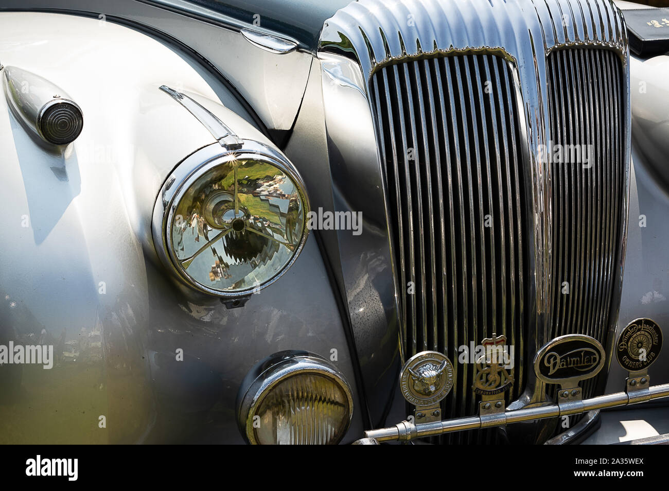 The front of a 1952 Daimler DB18 Consort on display at a car show Stock Photo