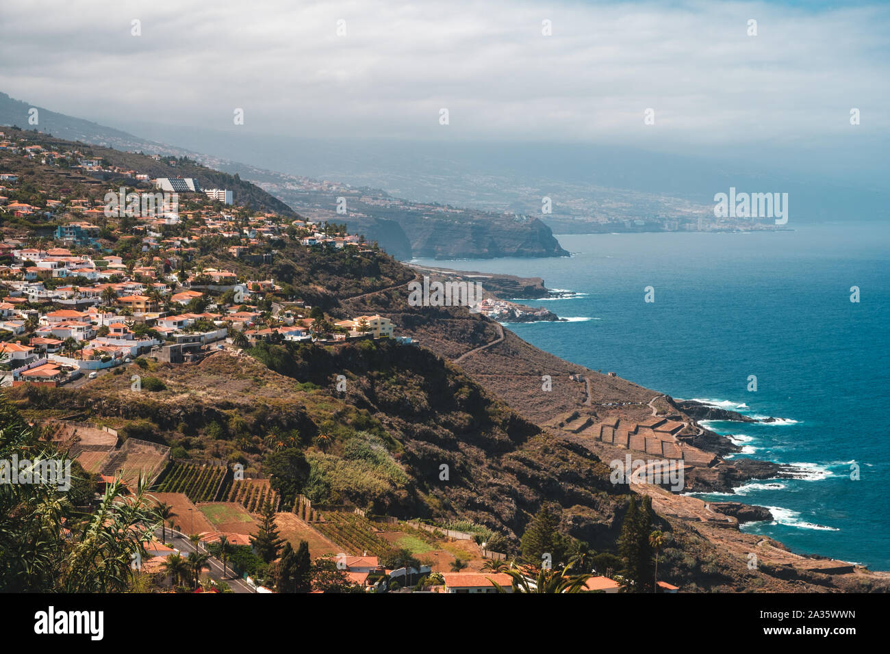Coastline of north Tenerife, aerial view on coast , villages and ocean Stock Photo