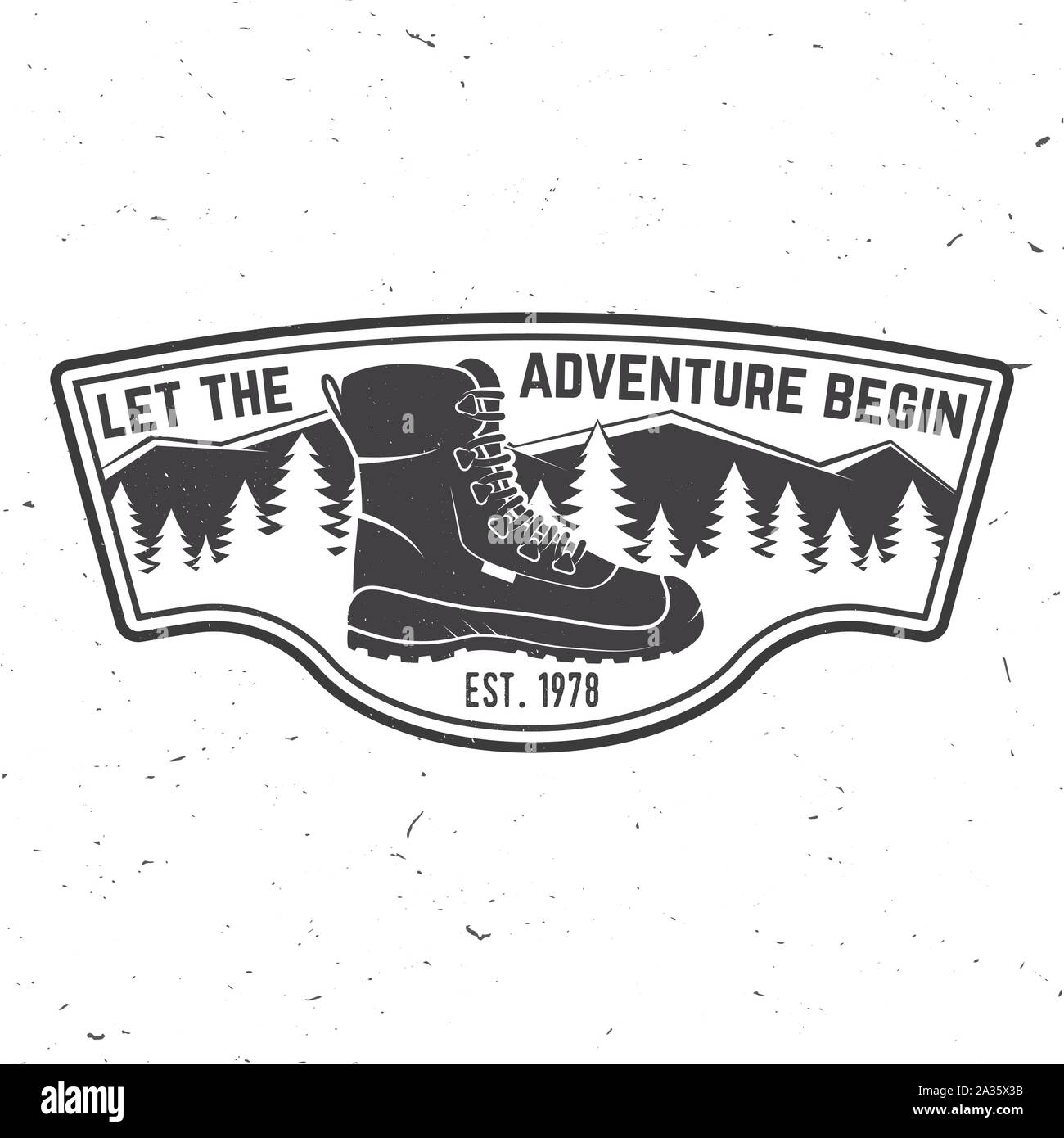 Let the adventure begin. Summer camp. Vector illustration. Concept for shirt or logo, print, stamp or tee. Vintage typography design with hiking boots, mountains, sky and forest silhouette. Stock Vector