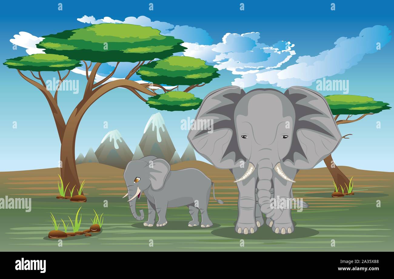 Cartoon green landscape with big grey elephant illustration Stock Vector  Image & Art - Alamy