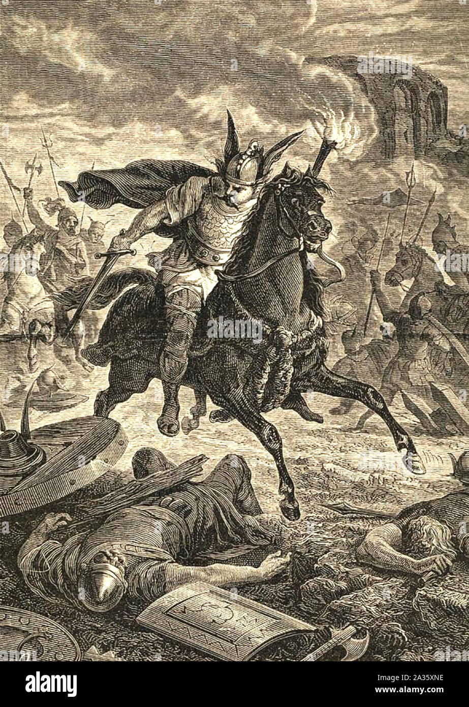 ATTILA THE HUN (c 406-453) leads his men in battle in a 19th century engraving Stock Photo