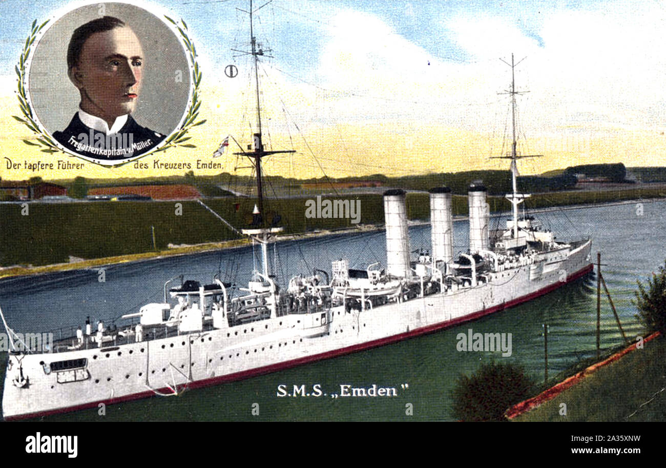 SMS EMDEN Imperial Germany Navy light cruiser with her commander Karl von Müller inset Stock Photo