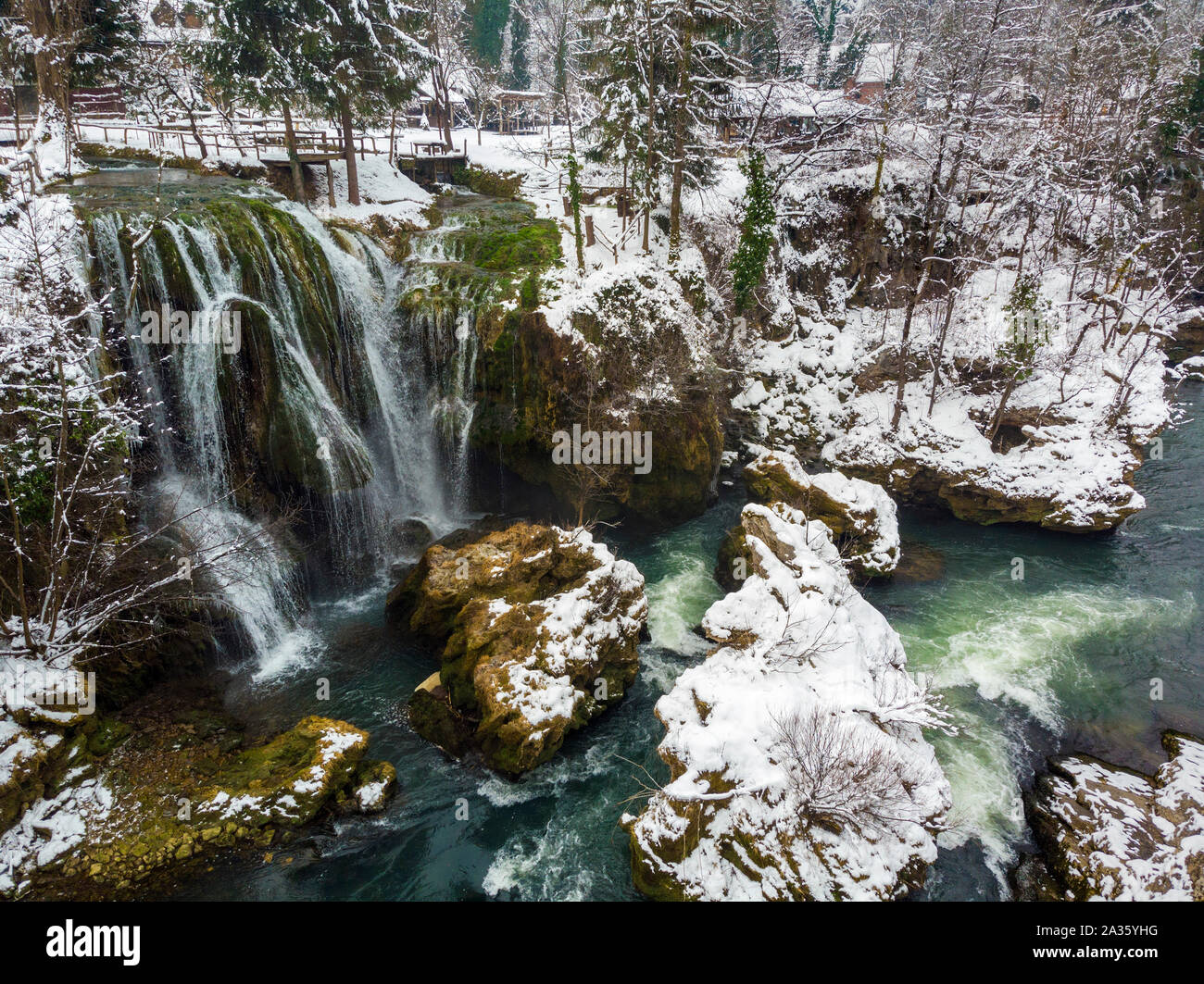 Rastoke in Croatia - a village of waterfalls and watermmills in winter Stock Photo