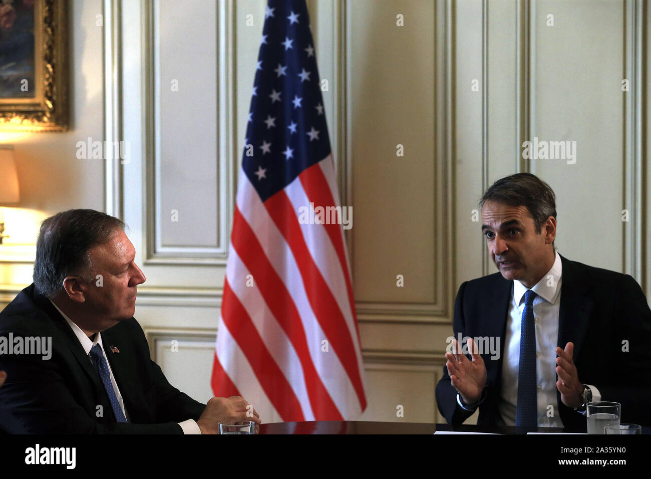 Athens, Greece. 5th Oct, 2019. Greek Prime Minister Kyriakos Mitsotakis (R) meets with U.S. Secretary of State Mike Pompeo in Athens, Greece, on Oct. 5, 2019. Credit: Marios Lolos/Xinhua/Alamy Live News Stock Photo