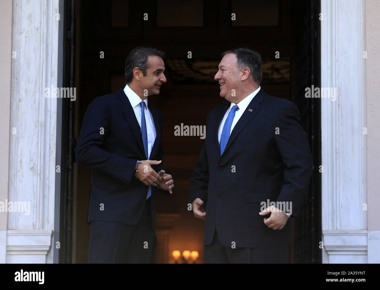 Athens, Greece. 5th Oct, 2019. Greek Prime Minister Kyriakos Mitsotakis (L) meets with U.S. Secretary of State Mike Pompeo in Athens, Greece, on Oct. 5, 2019. Credit: Marios Lolos/Xinhua/Alamy Live News Stock Photo