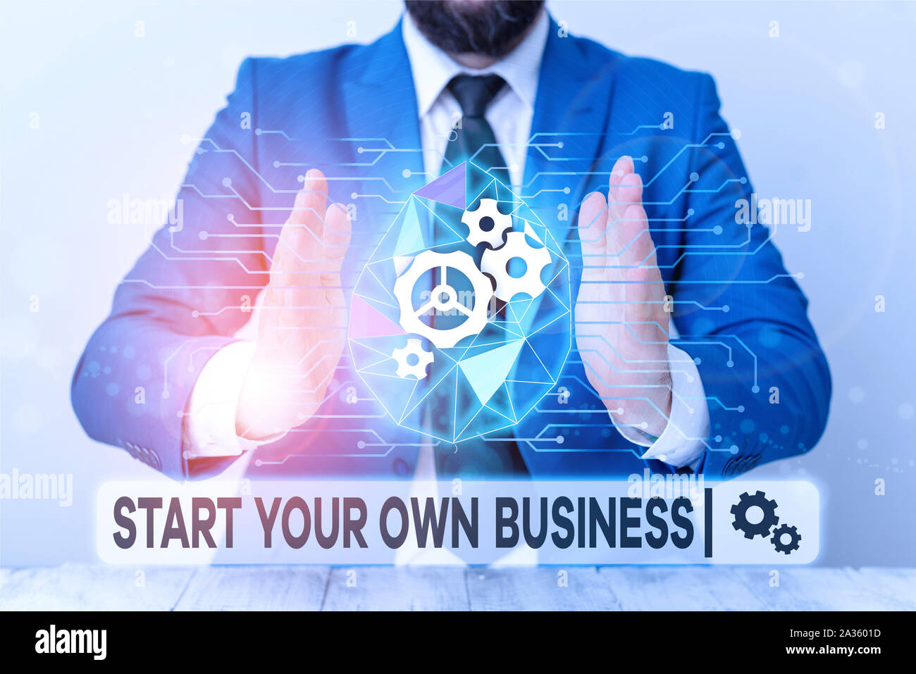 Text sign showing Start Your Own Business. Business photo showcasing Entrepreneurial Venture a Startup Enter into Trade Male human wear formal work su Stock Photo