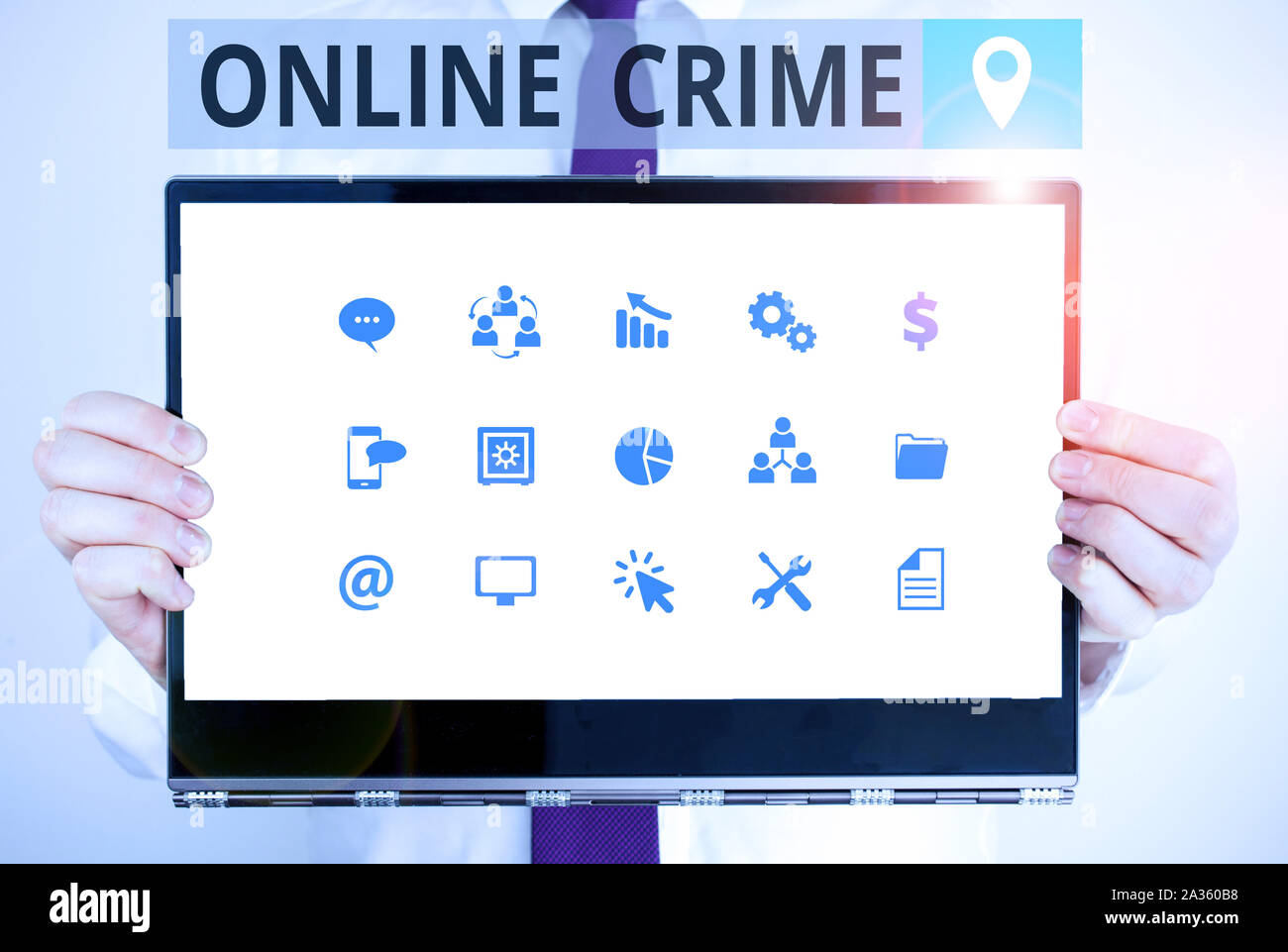 Word writing text Online Crime. Business photo showcasing crime or illegal online activity committed on the Internet Male human holding thick textured Stock Photo