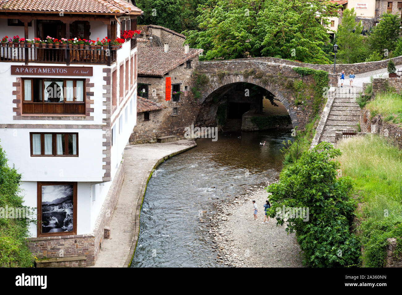 Medieval bridge in the small village of Potes, in Cantabria, Spain Stock Photo