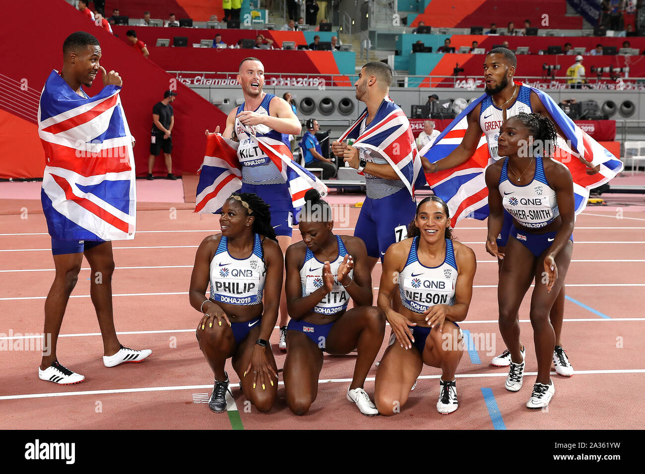 Great Britain S Zharnel Hughes Richard Kilty Adam Gemili And Nethaneel Mitchell Blake Asha Philip Daryll Neita Ashleigh Nelson And Dina Asher Smith Celebrates Winning Silver In The 4x100 Metres Men S And Women S Final During