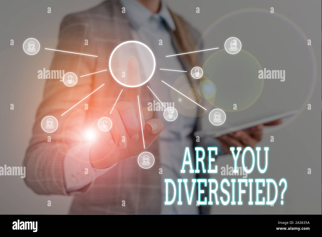 Conceptual hand writing showing Are You Diversified Question. Concept meaning someone who is Different Mixed Multi Faceted Woman wear work suit presen Stock Photo