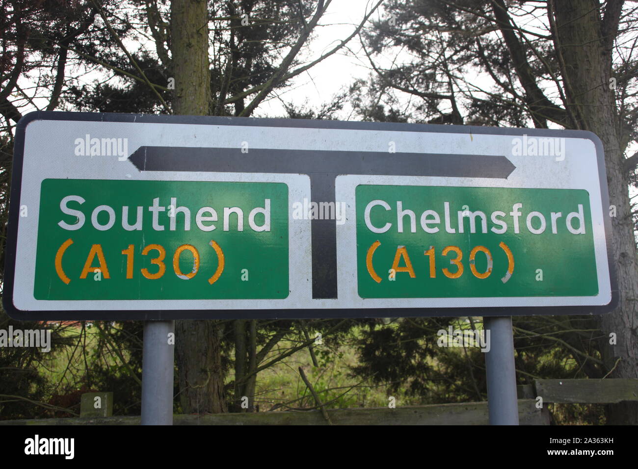 Essex Travel & Roads - Road sign on a section of the A130 with directions to Southend and Chelmsford Routes. Essex, Britain. Stock Photo