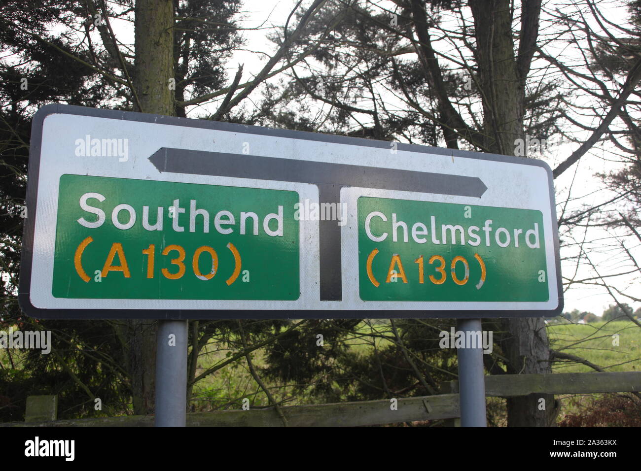 Essex Travel & Roads - Road sign on a section of the A130 with directions to Southend and Chelmsford Routes. Essex, Britain. Stock Photo