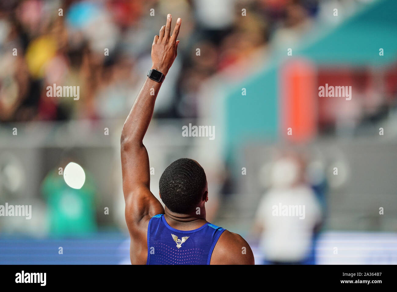 Doha, Qatar. 5th Oct, 2019. Christian Coleman of United States competing in 100 meter relay for men during the 17th IAAF World Athletics Championships at the Khalifa Stadium in Doha, Qatar. Ulrik Pedersen/CSM/Alamy Live News Stock Photo
