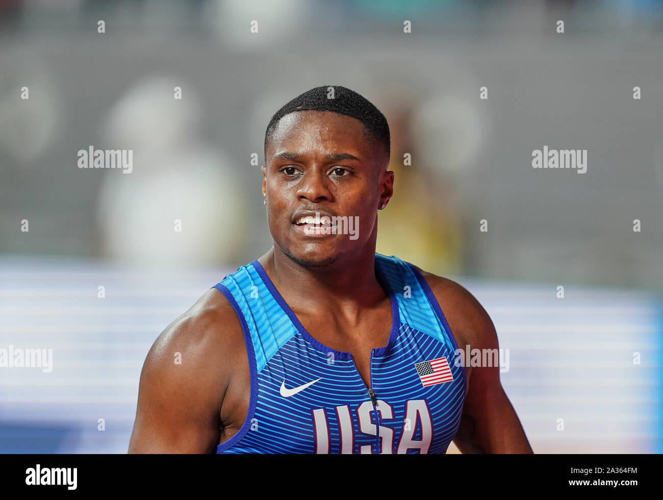 Doha, Qatar. 5th Oct, 2019. Christian Coleman of United States competing in 100 meter relay for men during the 17th IAAF World Athletics Championships at the Khalifa Stadium in Doha, Qatar. Ulrik Pedersen/CSM/Alamy Live News Stock Photo