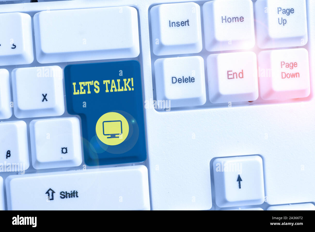 Conceptual hand writing showing Let S Talk. Concept meaning they are suggesting beginning conversation on specific topic White pc keyboard with note p Stock Photo