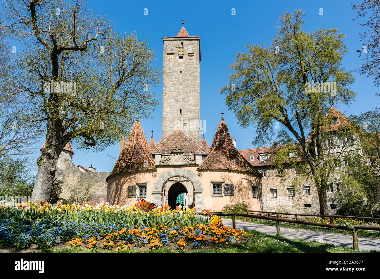 Castle gate and castle garden in rothenburg ob der tauber hires stock