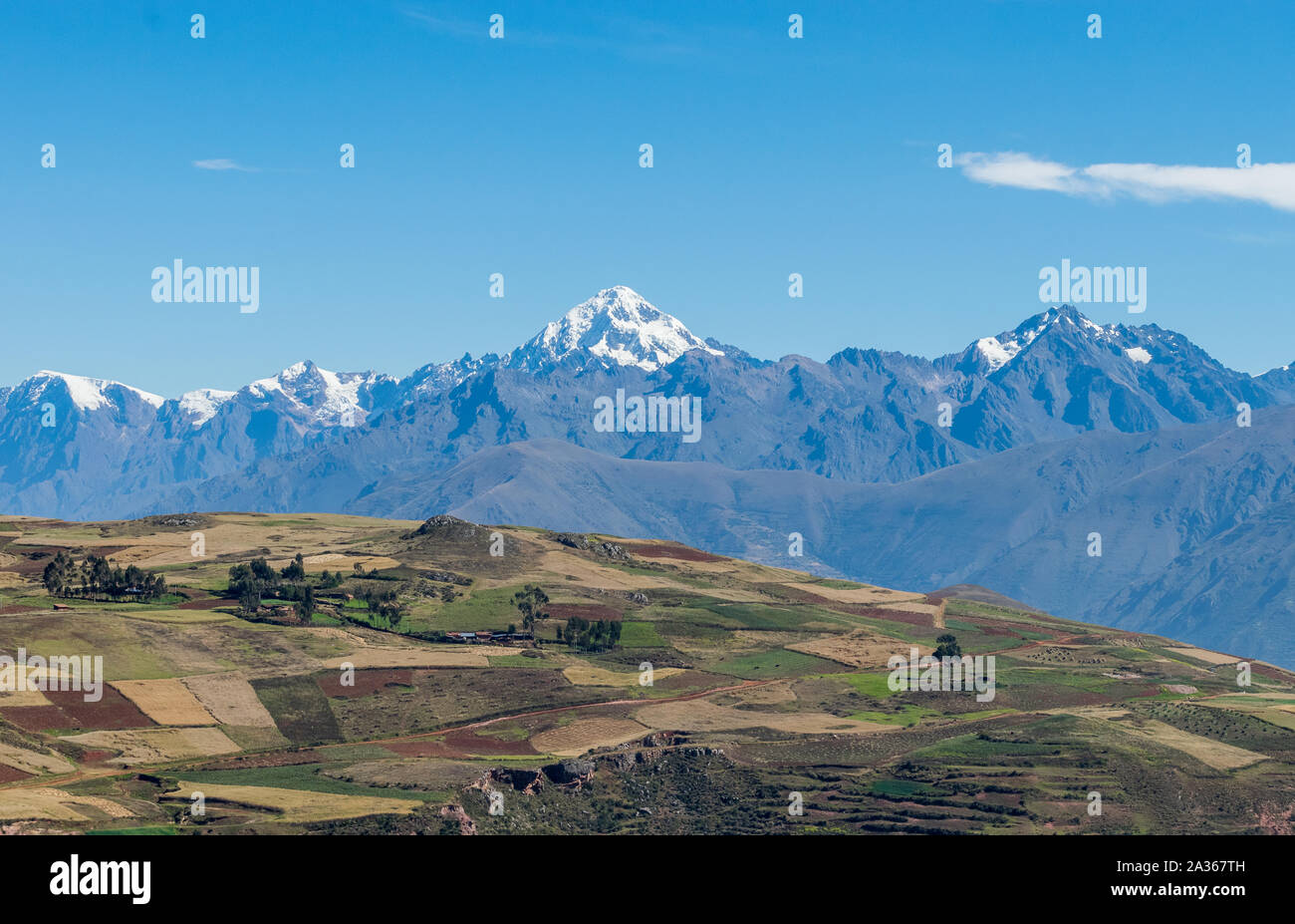 Sacred Valley, Peru - 05/21/2019: The inescapable snow peaked Andes in the Sacred Valley of Peru. Stock Photo