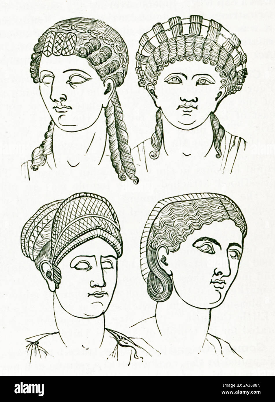 These illustrations of ancient Roman hairstytles date to 1897. They represent; from left to right; top to bottom: Octavia; Messalina (wife of Claudius); Sabina (wife of Hadrian); and Plautilla (wife of Caracalla). The bust of Octavia is in the Capitoline museum in Rome. The busts of the other three are in the British Museum in London. Octavia was the sister of the first Roman emperor; Augustus (ruled 27 B.C. to 14 A.D.); and the fourth wife of Mark Antony. Claudius was emperor of Rome from 41 to 54 a.D.; Hadrian was Roman emperor from 117 to 138 a.D. Caracalla was Roman emperor from 198 to 217 Stock Photo