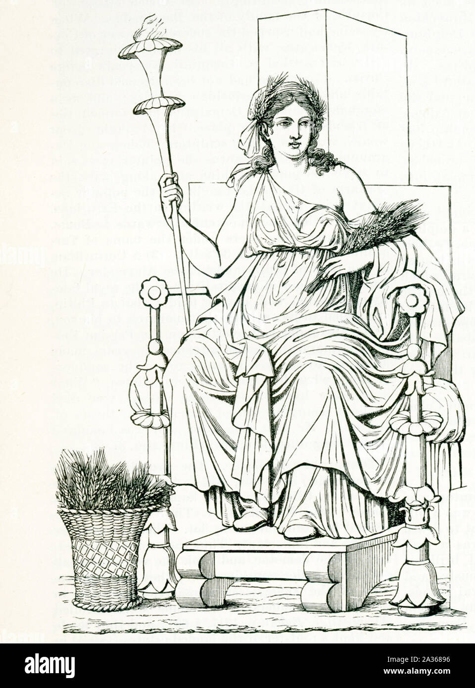 Pictured here is the Greek goddess Demeter, taken from a mural painting in Pompeii(the italian owen destroyed in 79 A.D. in the eruption of Vesuvius.  Demeter is the goddess of the harvest and presides over grains and the fertility of the earth. Although she was most often referred to as the goddess of the harvest, she was also goddess of sacred law and the cycle of life and death. Her Roman counterpart was Ceres. Stock Photo