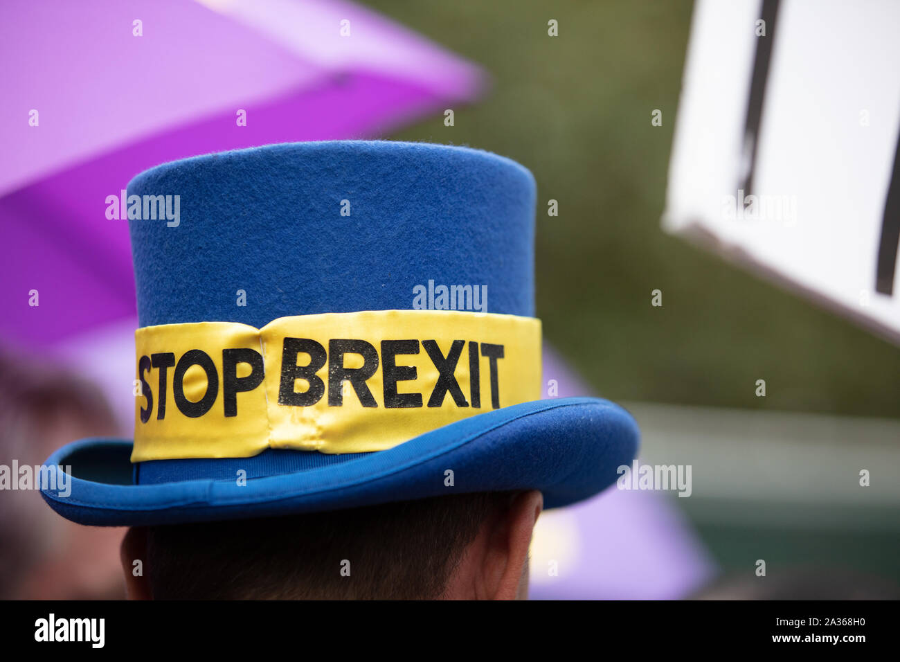 Well known blue hat from anti-Brexit protester Steve Bray seen on Parliament Square, London. Stock Photo