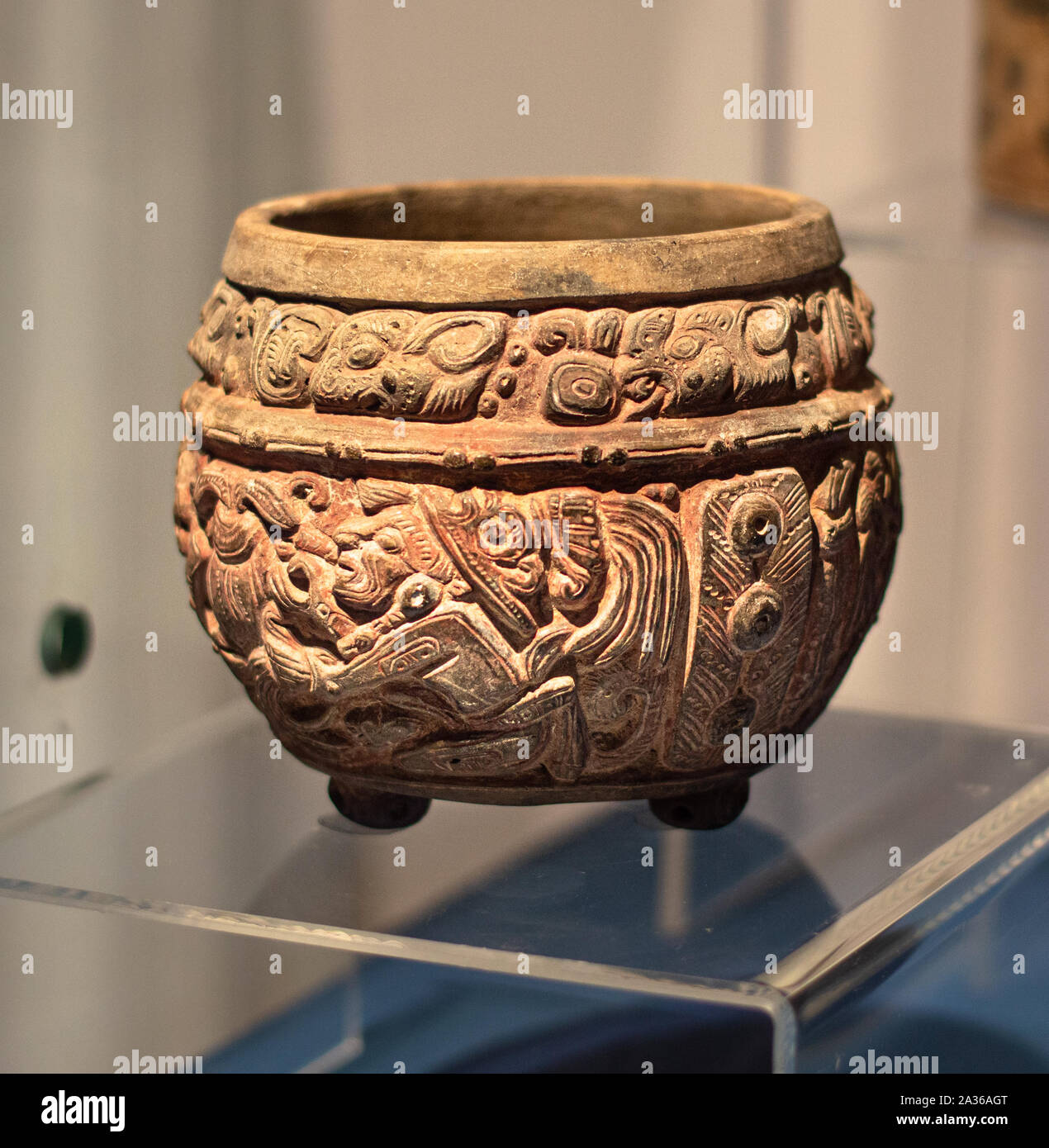 Mayan ceramic vessel with embossed Pseudo-glyph  from the classical period.  250-900 AD. Stock Photo
