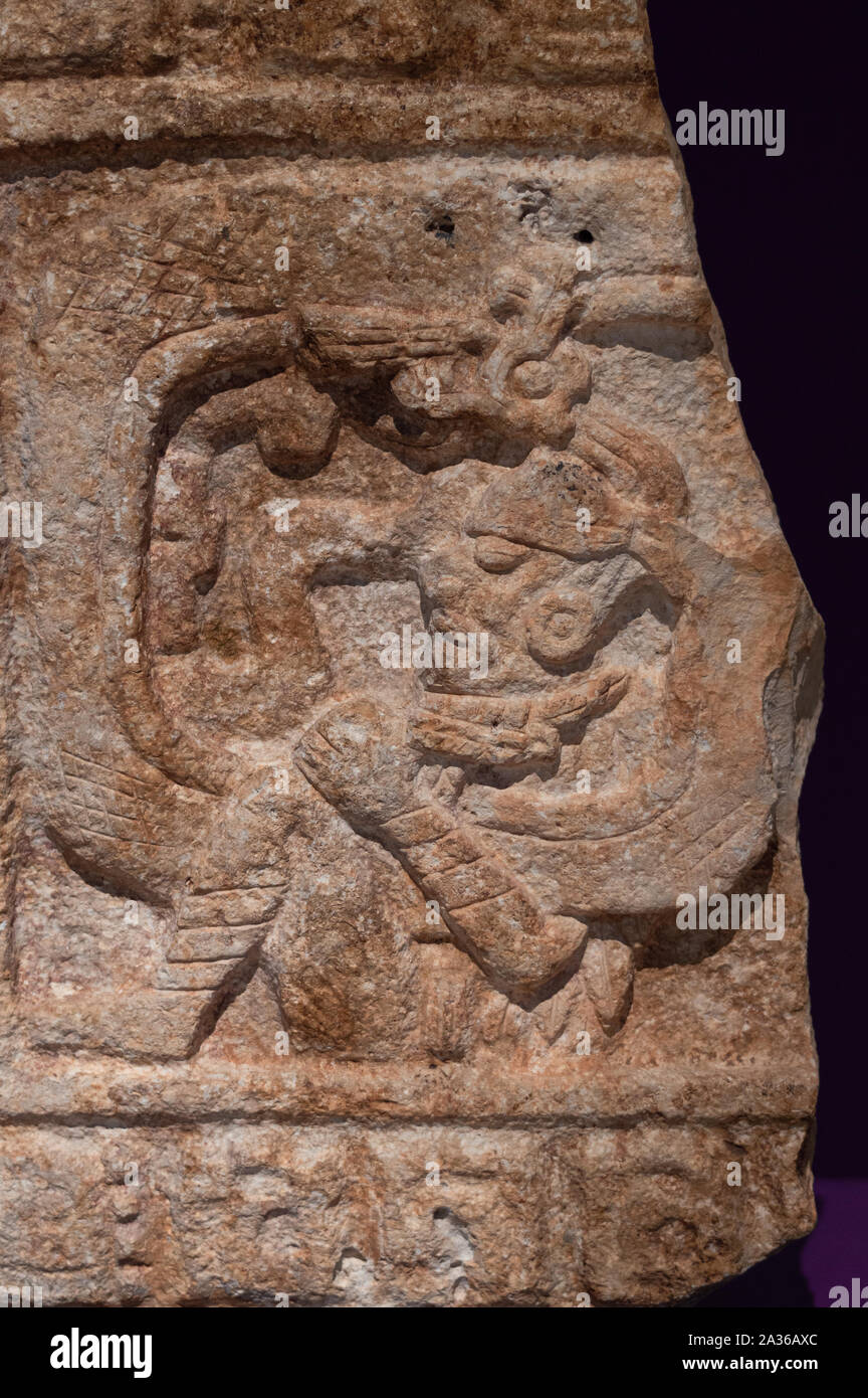 Mayan sculpture with inscription. Classic period,  250 - 900 AD. Yucatan, Mexico. Stock Photo