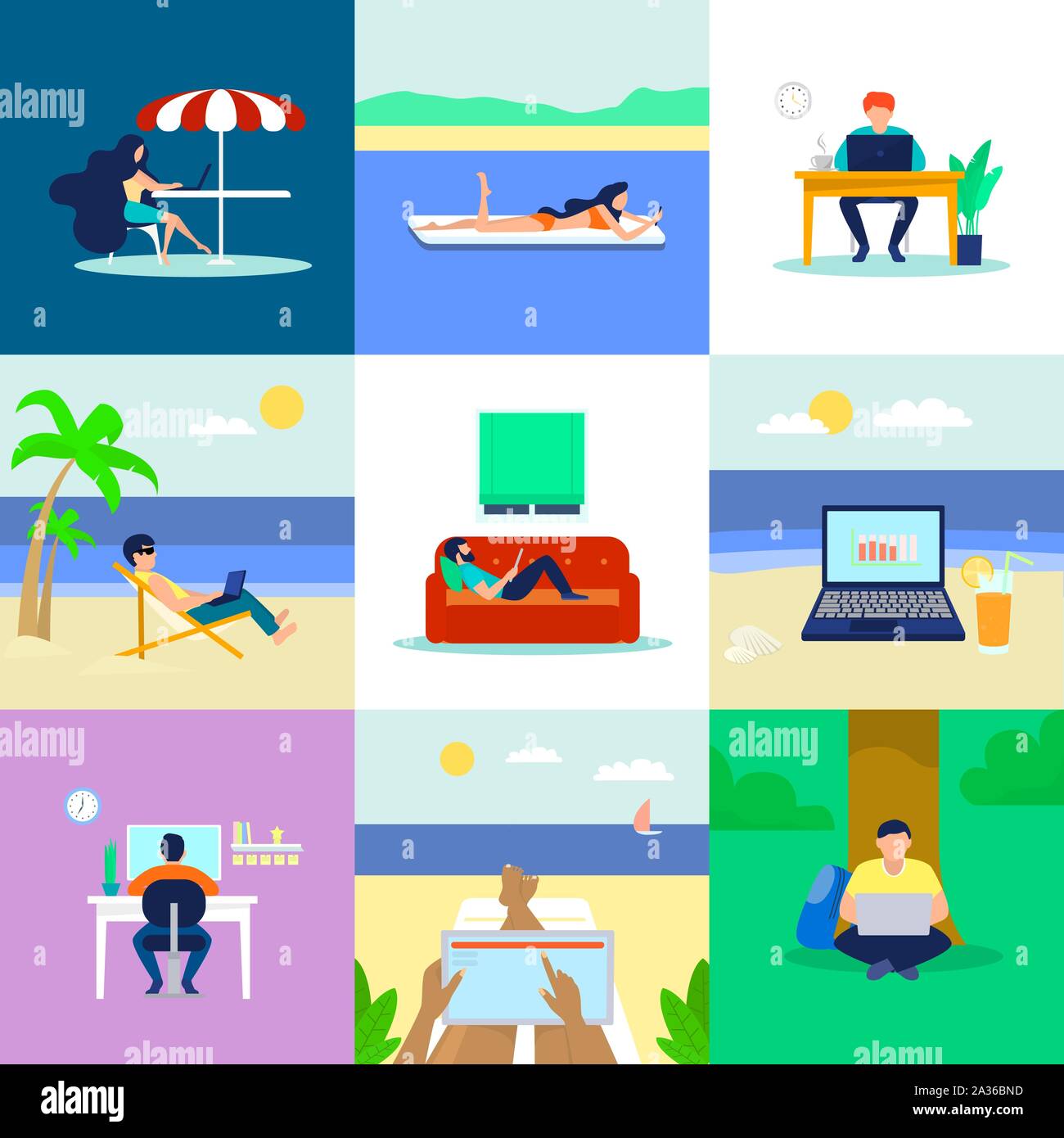 Distant work banner set, flat style Stock Vector