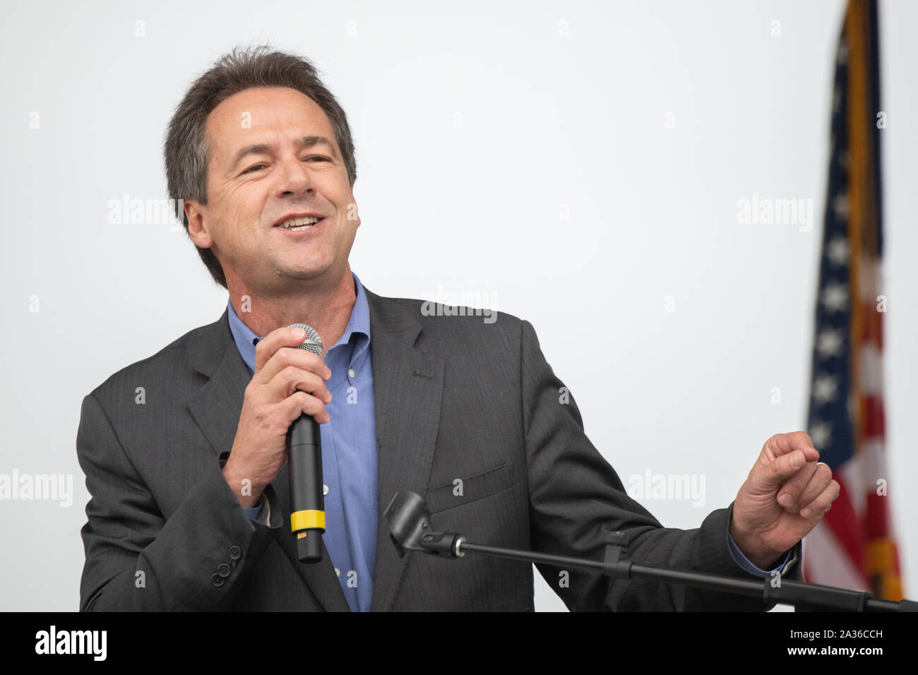 Montana Governor and Democratic Presidential hopeful Steve Bullock delivers remarks at the annual SCDP Blue Jamboree October 5, 2019 in Charleston, South Carolina. Stock Photo