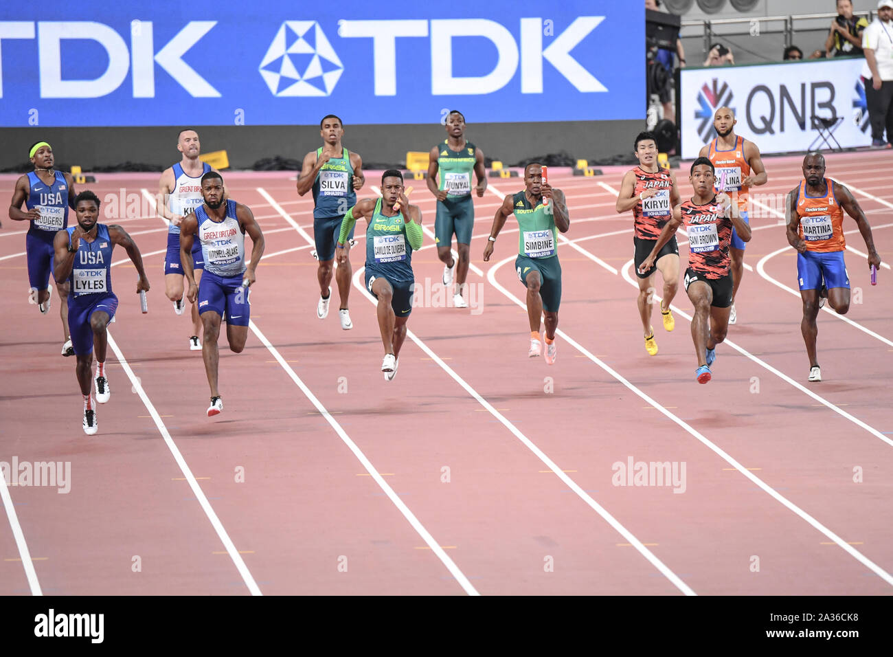 4x100 relay men final: USA, Great Britain, Brazil, South Africa, Japan, Netherlands. IAAF World Athletics Championships, Doha 2019 Stock Photo