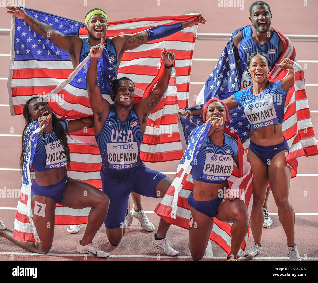 USA Team relay: Noah Lyles, Christian Coleman, Michael Rodgers, Justin Gatlin, Dezerea Bryant, Teahna Daniels, Morolake Akinosun, Kiara Parker. IAAF World Athletics Championships, Doha 2019 Stock Photo