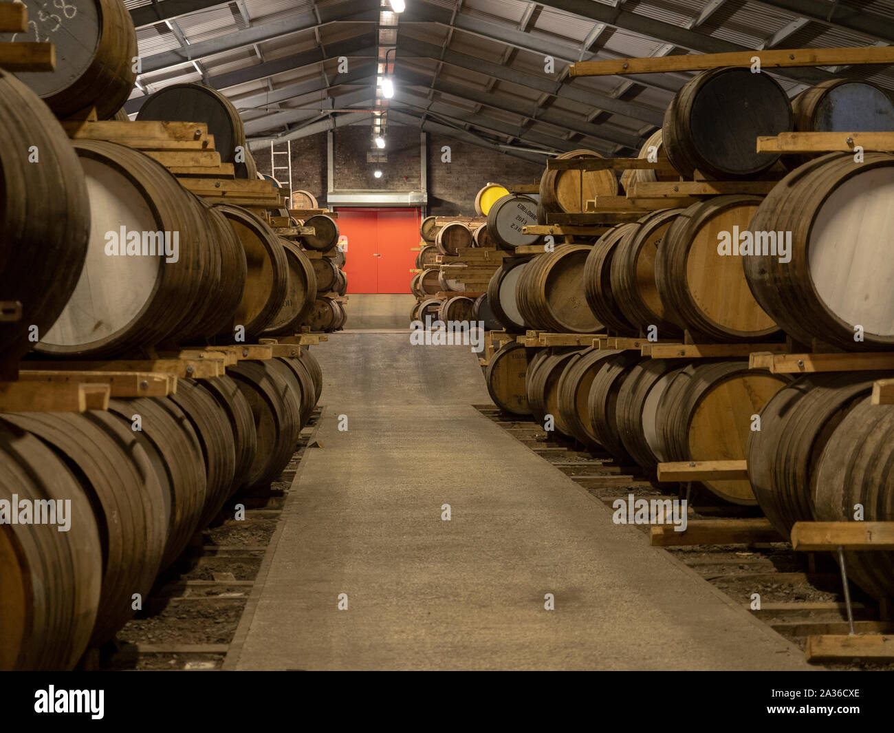 Barrels stacked in a bonded warehouse at Edradour distillery, Scotland Stock Photo