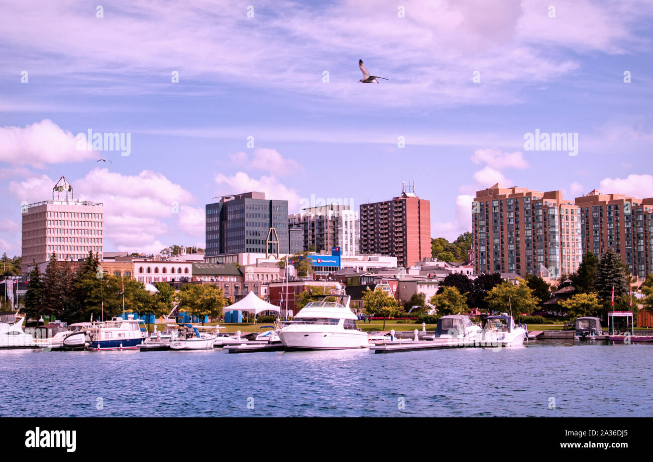 Barrie, Ontario, Canada - 2019 08 25: Lake Simcoe shore view with the Heritage Park on the right the city of Barrie, Ontario, Canada Stock Photo