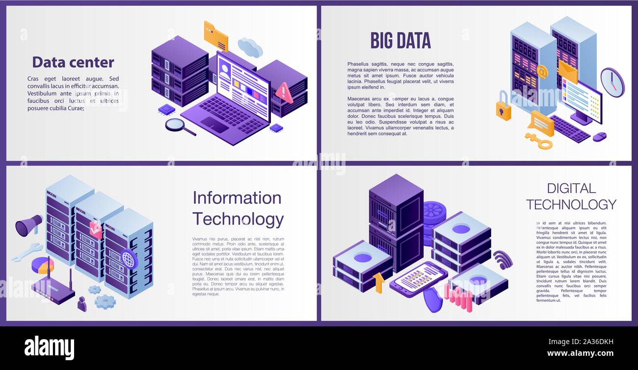 Data center server banner set, isometric style Stock Vector