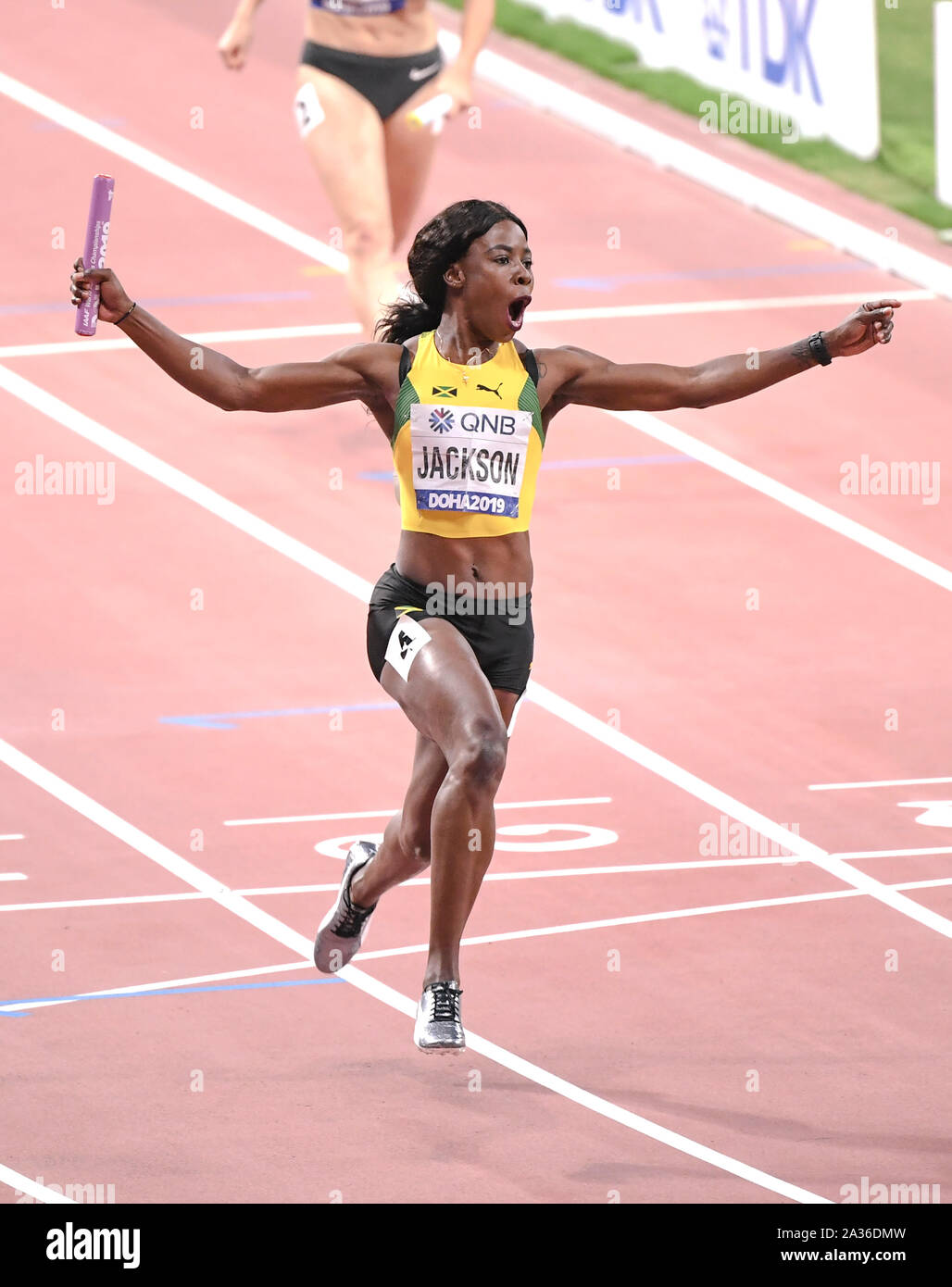 Shericka Jackson (Jamaica). 4x100 relay women Gold Medal. IAAF World Athletics Championships, Doha 2019 Stock Photo