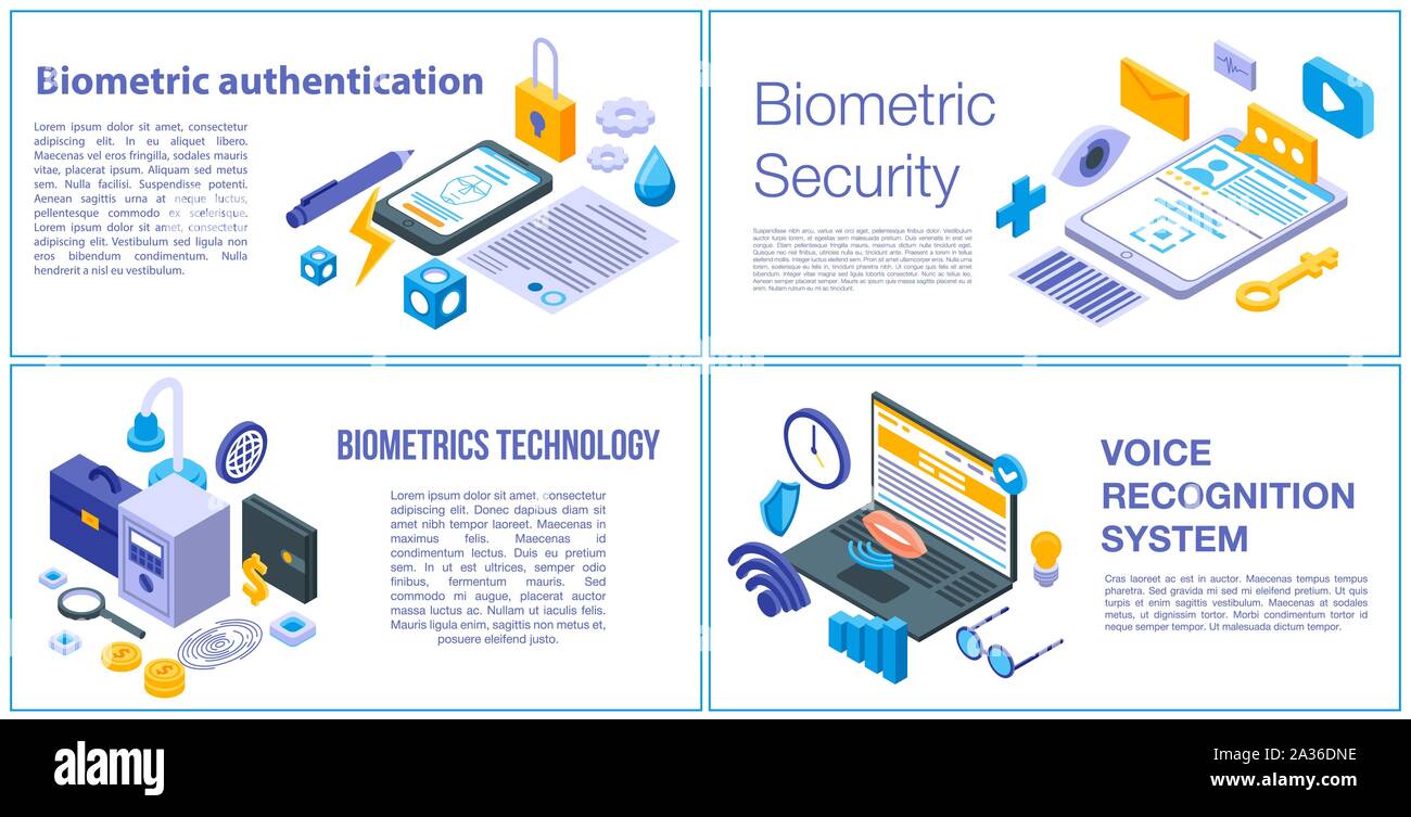 Biometric authentication banner set, isometric style Stock Vector