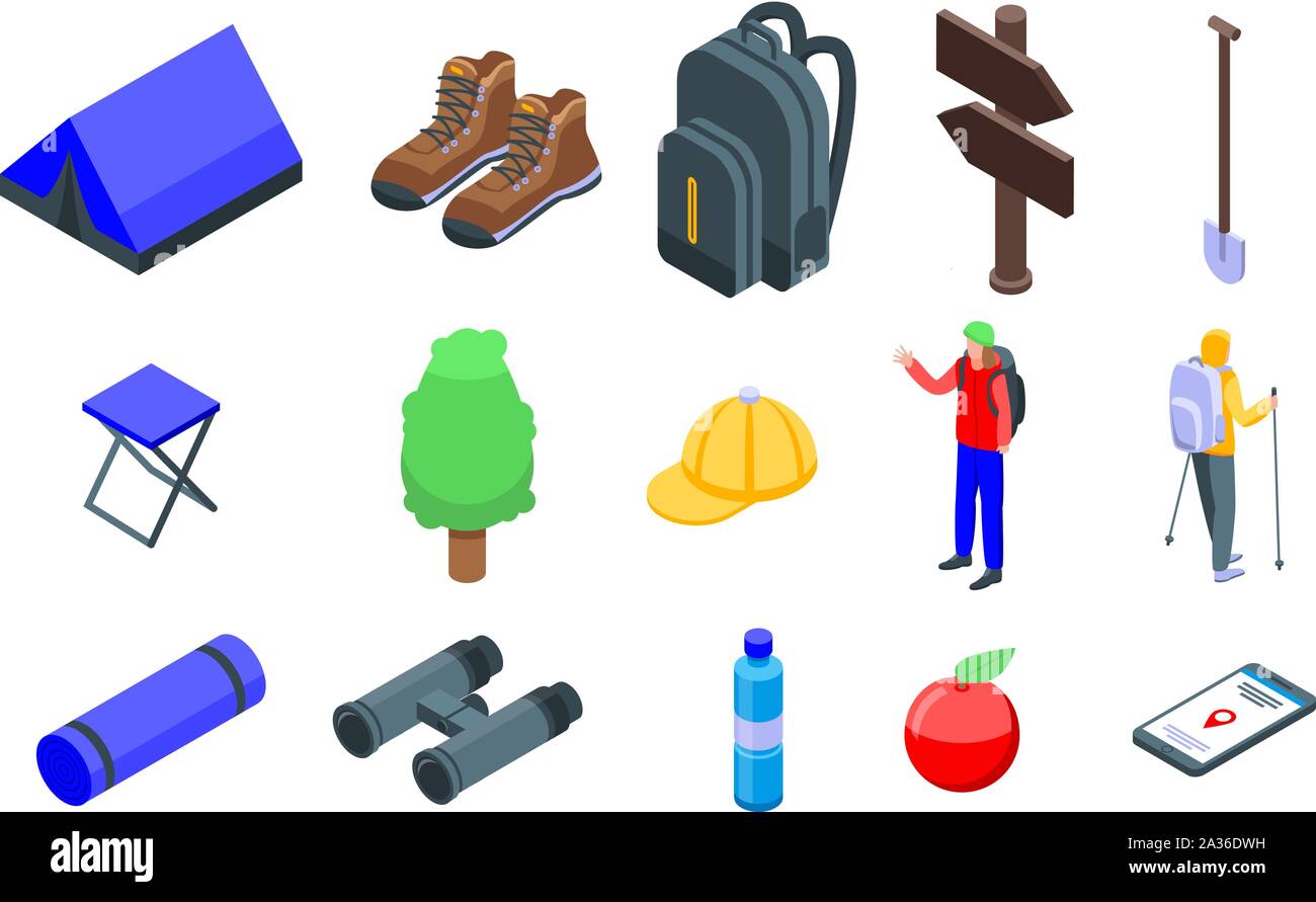 Hiking icons set, isometric style Stock Vector