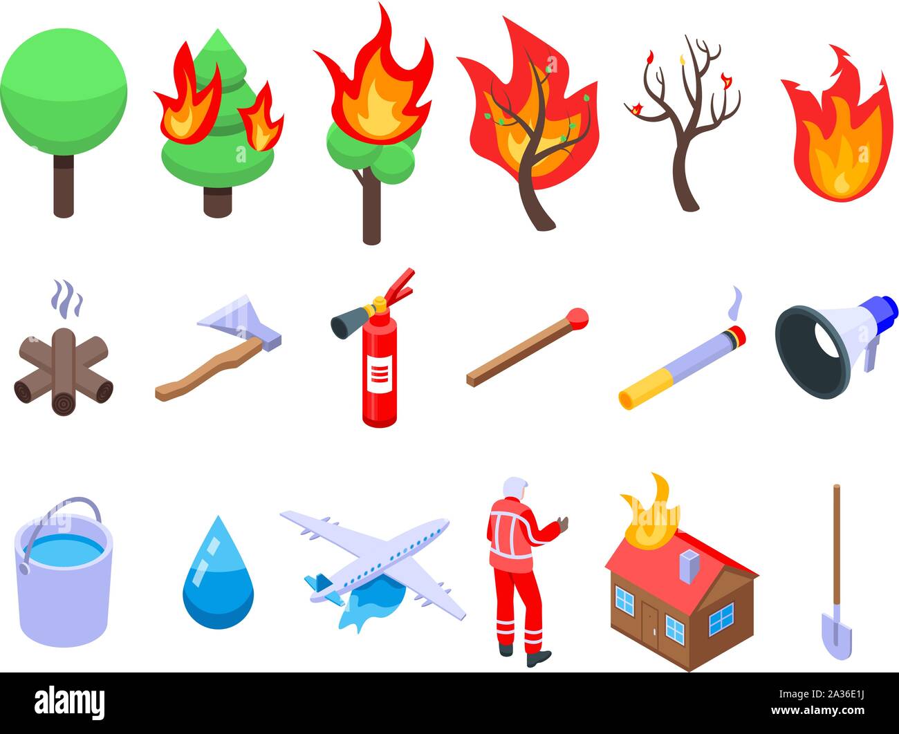 Wildfire icons set, isometric style Stock Vector