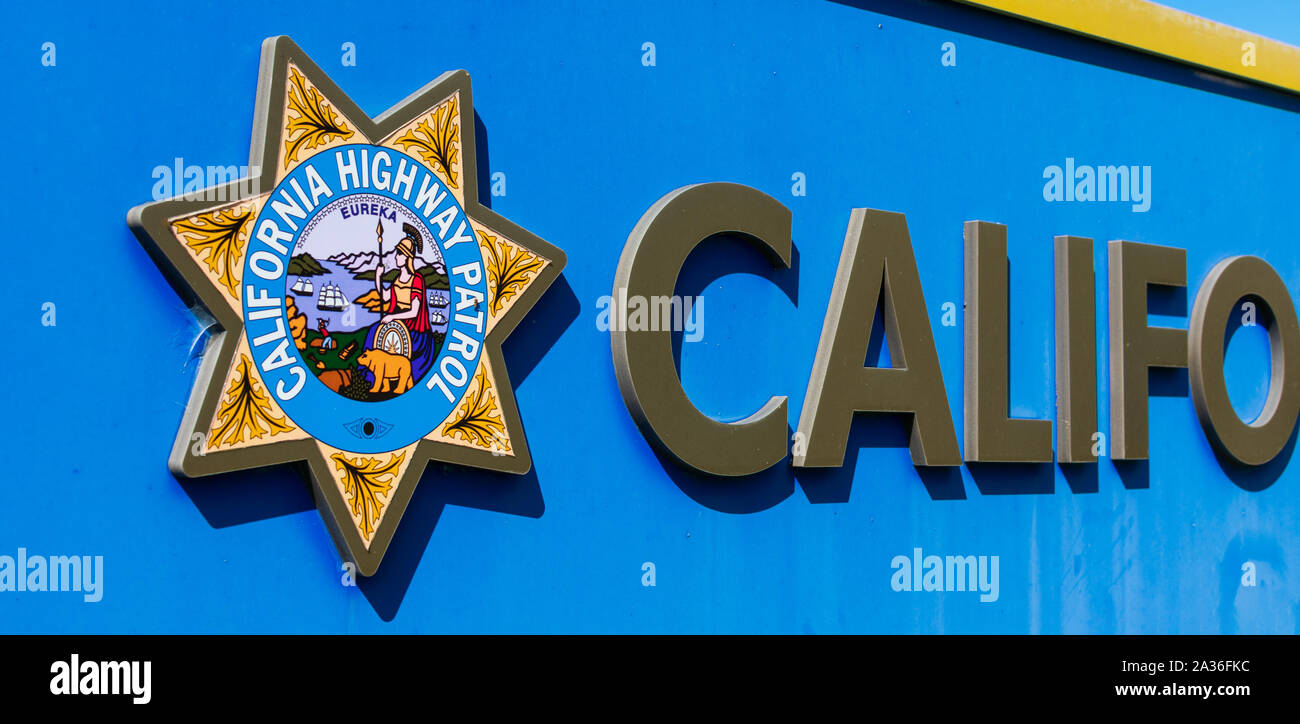 California Highway Patrol emblem and sign of a law enforcement agency. CHP has patrol jurisdiction over California routes and known as state police Stock Photo