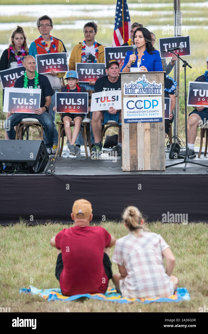 Charleston, United States. 05 October, 2019. U.S. Representative and Democratic Presidential hopeful Tulsi Gabbard addresses supporters at the annual SCDP Blue Jamboree October 5, 2019 in Charleston, South Carolina. Credit: Richard Ellis/Richard Ellis/Alamy Live News Stock Photo