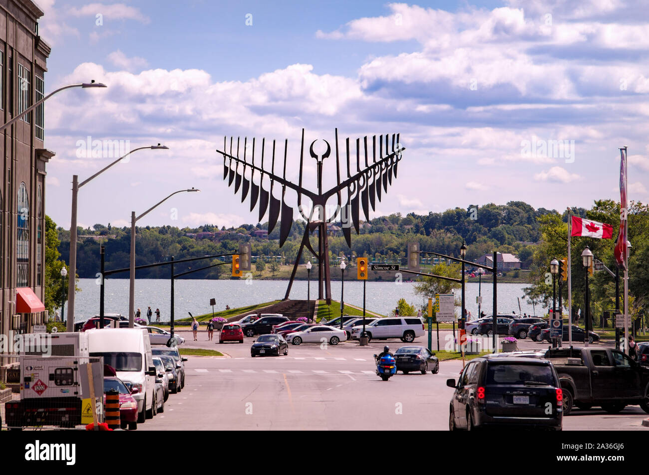 Barrie, Ontario, Canada - 2019 08 25: Summer view along the Maple ave with the Spirit Catcher sculpture in front of the lake Simcoe. Spirit Catcher is Stock Photo