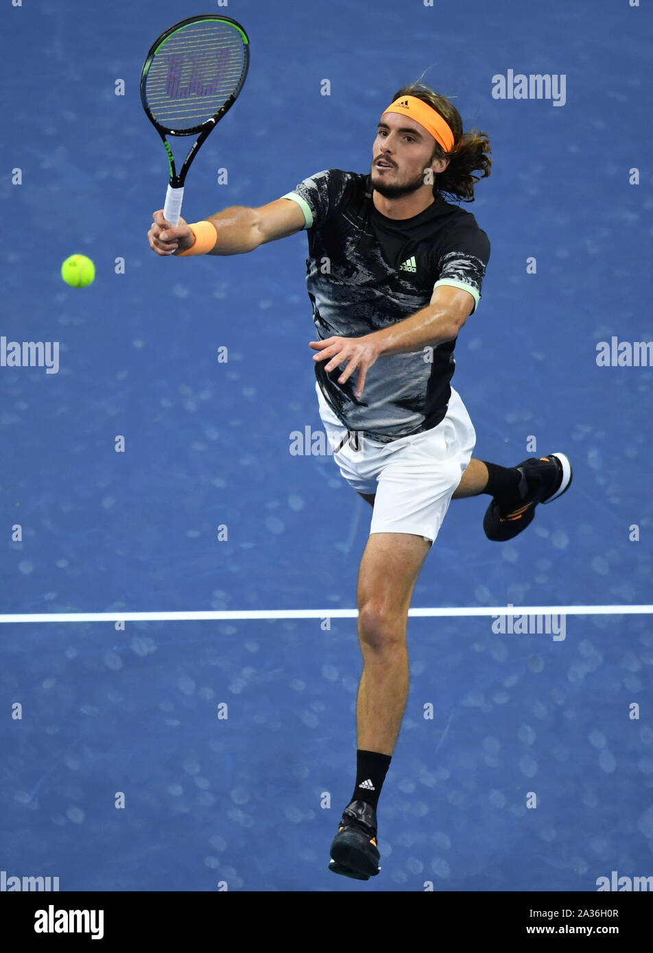 Beijing, China. 5th Oct, 2019. Stefanos Tsitsipas of Greece competes during  the men's singles semifinal at 2019 China Open tennis tournament in  Beijing, capital of China, Oct. 5, 2019. Credit: Li Yibo/Xinhua/Alamy